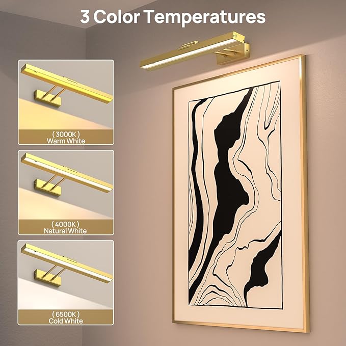 PESUTEN Picture Light Battery Operated, 16in Wireless Art Light for Paintings CCT Dimmable Recharging Battery Picture Light with Remote Control for Gallery Dartboard Art Bedroom Bathroom Gold