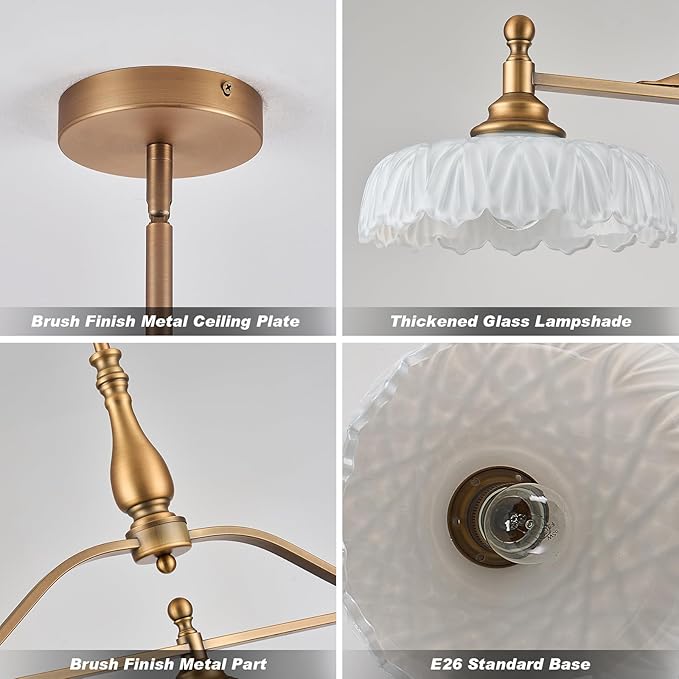 HDDFL Chandeliers Pendant Light Fixture Vintage Pendant Lighting Fixtures 3 Lights Chandelier Kitchen Glass Hanging Lamp for Island Dining Living Room Brass and White
