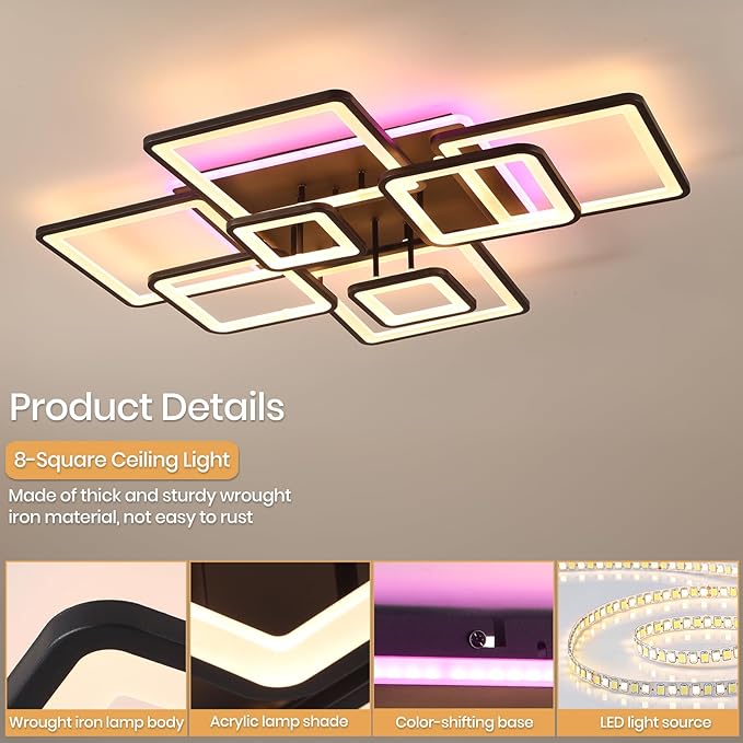 Stunning Layered Square Geometric Modern LED Ceiling Light - 100W Super Bright Black Flush Mount Chandelier, Dimmable RGB, Remote Control Included for Living Room Bedroom Dining Room