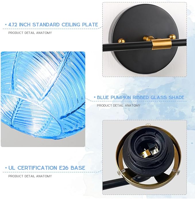 Bathroom Light fixtures Over Mirror Mid Century Vanity Light with Blue Ribbed Glass Shade Globe Wall Sconce 2-Lights Modern Vanity Lights for Dining Room Bedroom Hallway Overhead