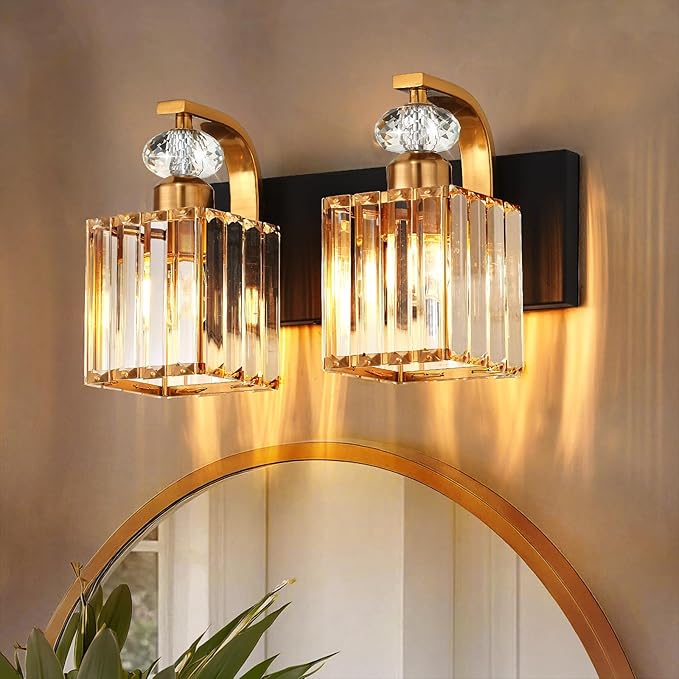 Modern Bathroom Vanity Light, 2-Light Black Gold Bathroom Lighting Fixtures Over Mirror, 12.6" Crystal Wall Light Sconce for Bathroom/Bedroom/Vanity, Includes LED Bulbs, Easy Installation