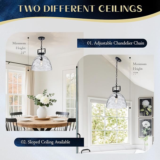 Glass Pendant Light, 13.8 Inch Single Hanging Ceiling Light with Adjustable Chain, E26 Base Oversized Hammered Clear Glass Kitchen Island Pendant Lighting in Matte Black for Dining Room, Entryway