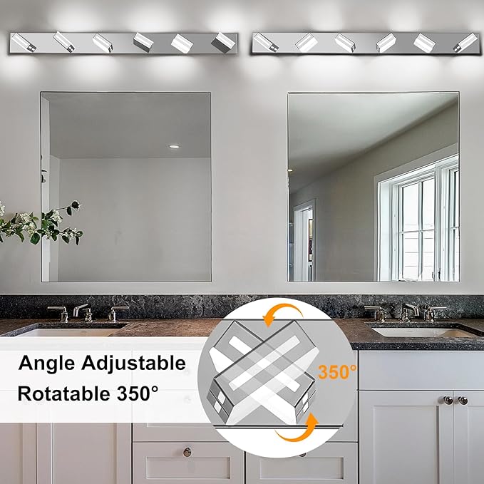 LED Modern Bathroom Light Fixtures, 6-Light 48-Inch Chrome Vanity Lights for Bathroom Lighting Fixtures Over Mirror, 6000K Cool White 350° Rotatable Wall Lamp