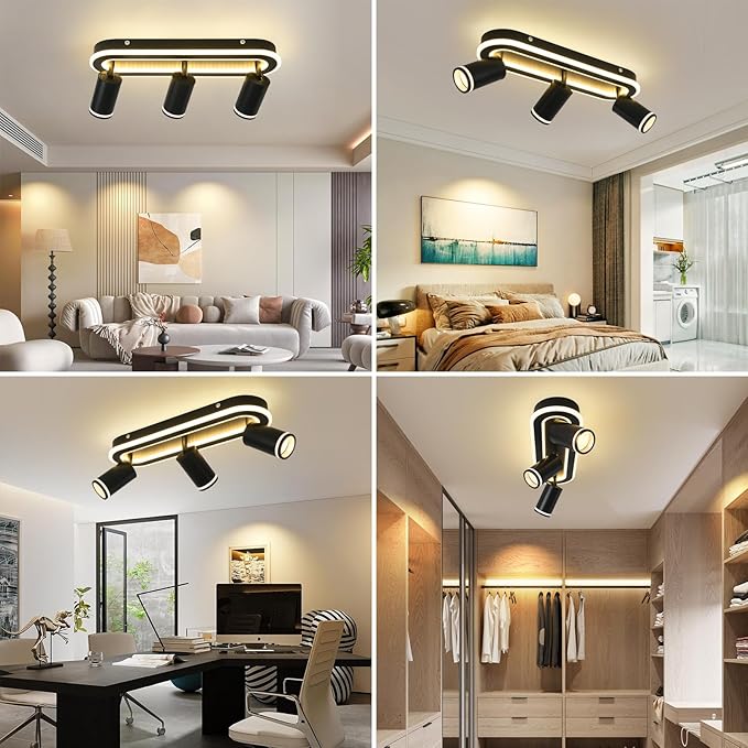 LED 3 Light Track Lighting Spotlight Kit, Black Ceiling Spotlights, Modern Track Light Fixture with Flexibly Rotatable Light Heads, 35W+15W Dual Lighting for Kitchen Living Room,Includes 3 x GU10 Bulb