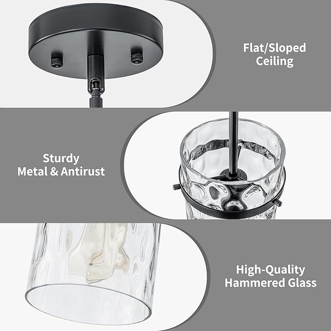 2 Pack 5.5" Black Hammered Hand-Blown Glass Pendant Light Farmhouse Black Pendant Light, Hammered Glass Pendant Light Fixtures Dining Room Light Adjustable Pendant Lighting Over Sink