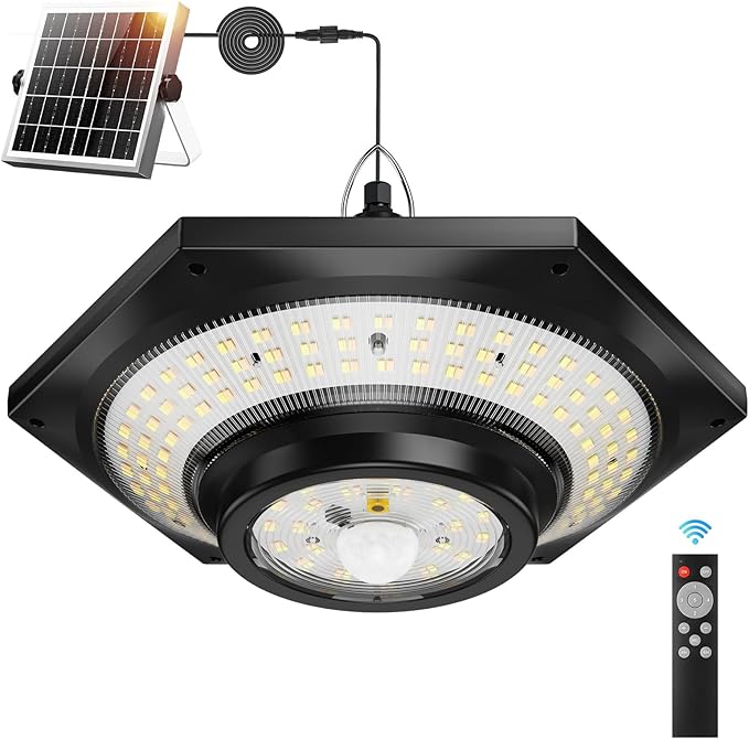 Solar Indoor Outdoor Shed Light with 4000LM, Upgrade 228 LED Solar Pendant Light Daytime Available with Motion Sensors 3 Color Temperature Remote Control for Gazebo,Shed, Garage, Barn