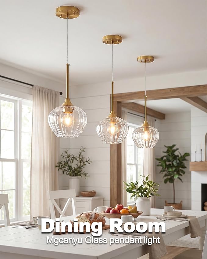 2-Pack Glass Pendant Lights Kitchen Island, 7" Modern Gold Pendant Lighting Adjustable Hanging Light Fixtures for Kitchen, Dining Room, Bathroom, Bedroom