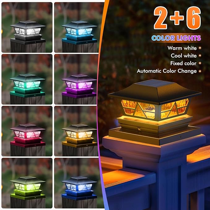 Solar Post Lights Outdoor Waterproof RGB Color Changing Modes Fence Post Cap Lights, Deck Post Lights Solar Powered for 4x4 5x5 6x6 Wooden or Vinyl Yard Garden Patio Decor, Black(4 Pack)