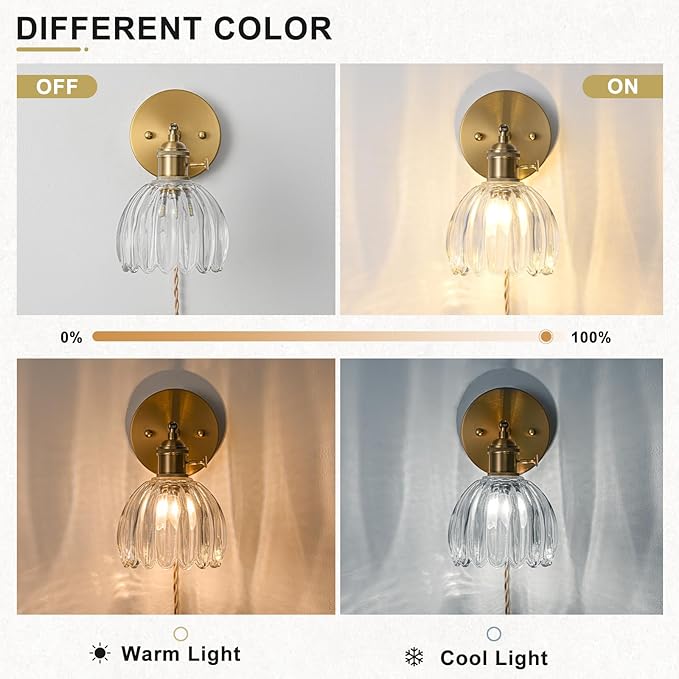 Plug in Wall Sconces Set of 2, Vintage Wall Sconce Light with Tulip Transparent Glass Lampshade, Bedroom Wall Sconce with Switch and Plug in wall lamp Cord, Gold Wall Light Wall Decor Set of 2