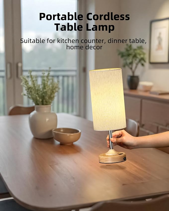 Rechargeable Table Lamp, 2-Pack, Ambient Light, Dimmable, 2700K, Timer, Touch Control, Portable, LED, Wireless, Cordless e, Battery Operated, Desk Lamp, Kitchen Lamp, Fabric Shade, Wood-Grain Finish