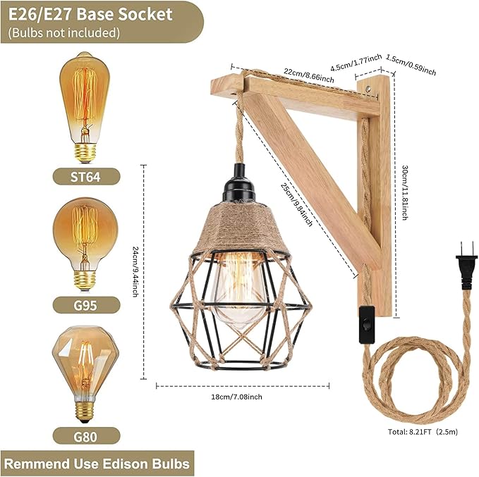 Frideko Wood Wall Sconces Set of Two Plug in, Rustic Wall Lamp with Plug in Cord, Farmhouse Wall Light Fixtures with 8.21FT On/Off Switch Cord, Indoor Sconces Wall Lighting for Bedroom Living Room