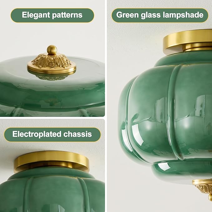 Vintage Ceiling Light Fixture 15 inch Semi Flush Mount Ceiling Light Antique Green Mid Century Milk Glass Ceiling Light for Kitchen Dining Room Hallway and Bedroom E26