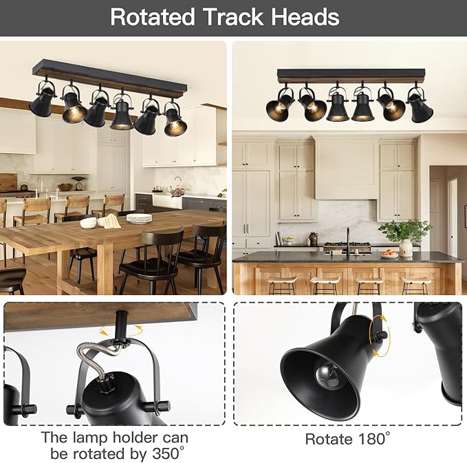 KEESFU 6-Light Track Lighting Kit,Black Semi Flush Mount Ceiling Light with 6 Rotatable Light Heads,Modern Farmhouse Lighting for Livingroom,Bedroom,Hallway,Art Wall,Bathroom,Kitchen.(6-Light)