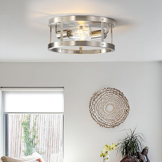 2-Light Industrial Flush Mount Ceiling Light Fixture,Brushed Nickel Farmhouse Ceiling Light Fixture,Modern Flush Mount Light Fixture for Kitchen Bedroom Living Room Hallway 2 Pack
