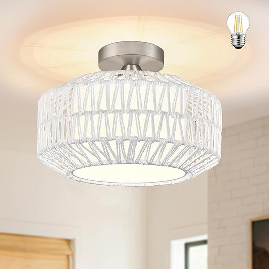 12.6 inch White Rattan Ceiling Light Fixture Boho Ceiling Light Hand-Woven Rattan Chandelier Fabric Shade Boho Chandelier for Dinning Room Kitchen (Bulb Incl.)