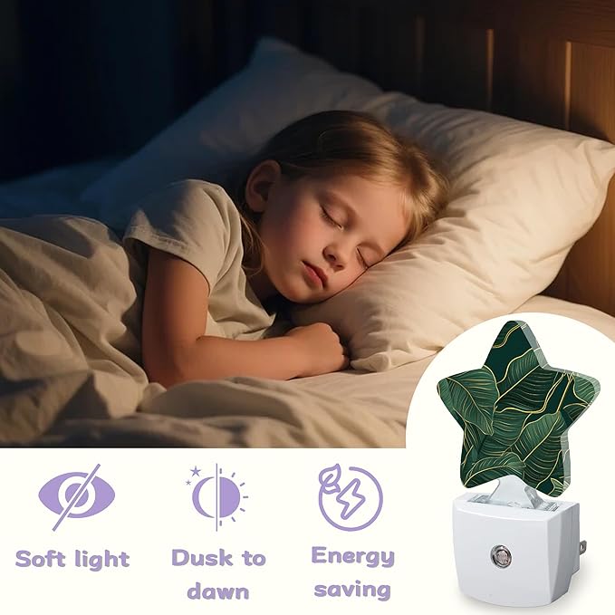 Gold Green Decorative Nightlight Plug in Wall,Tropic Leaves Star Shaped Night Light with Built in Sensor for Home Decor,Kitchen Hallway Stairs Desk Lamp