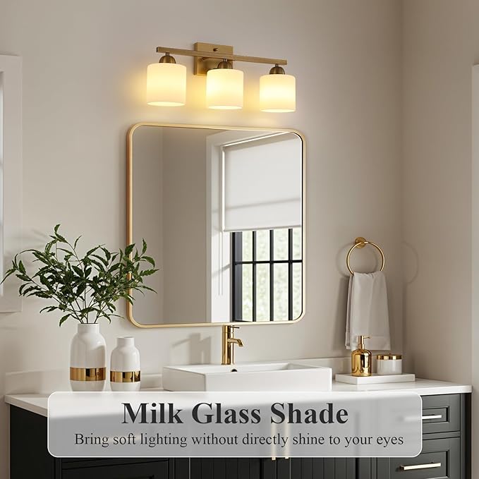 Mecgirn Milk Glass Vanity Lights for Bathroom, 3 Light Brass Bathroom Light Fixtures Over Mirror, Ceramic E26 Sockets Wall Mounted