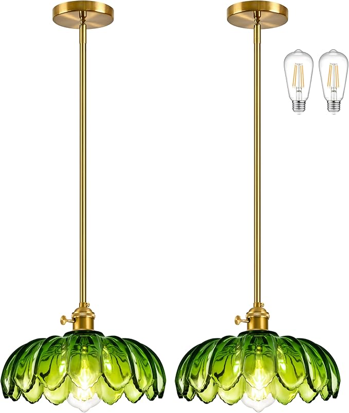 Mid Century Modern Pendant Light 2 Pack Hanging Adjustable Pendant Lights with Brushed Gold Fixture Green Flower Glass Vintage Chandelier for Kitchen Island Bedroom Dining Room（Bulb Incl.）