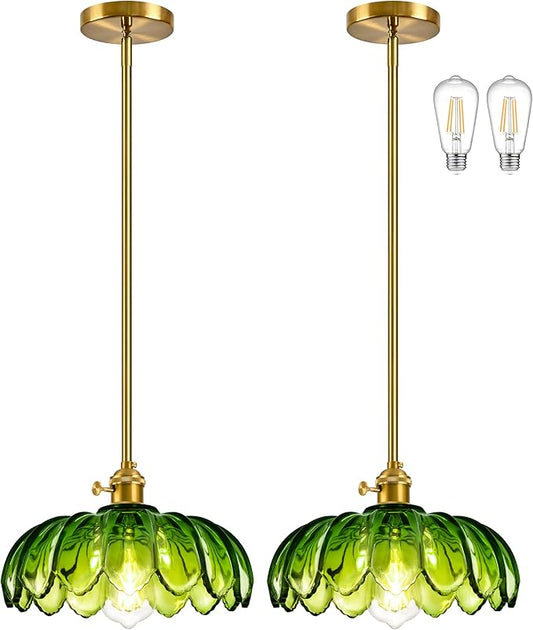 Mid Century Modern Pendant Light 2 Pack Hanging Adjustable Pendant Lights with Brushed Gold Fixture Green Flower Glass Vintage Chandelier for Kitchen Island Bedroom Dining Room（Bulb Incl.）