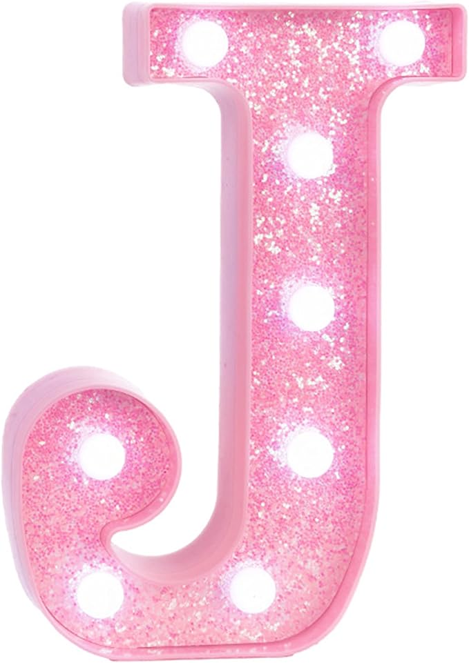 Pink Marquee Light Up Letters, Glitter Alphabet LED Letter Lights for Pink Birthday Party Decorations, Battery Operated Letter Sign for Girls Room Vanity Table Decor, Cool White Lights Letter J
