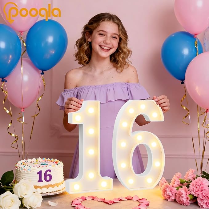 Pooqla Large Light Up Numbers for 6th Birthday Decorations, 12.6 in Tall White Plastic Marquee Numbers Sign Party Decorations, Gift for Girls Boys Night Light Wedding Anniversary Decor, Big Number 6