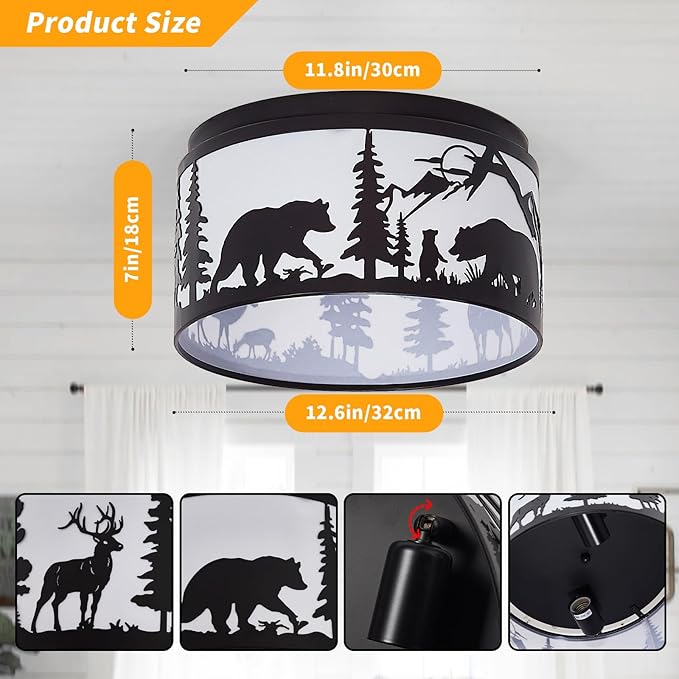Farmhouse Flush Mount Ceiling Light with Shade - Rustic Deer and Bear Metal Ceiling Fixture 2-Light E26, Indoor Lighting for Cabin, Entryway, Kitchen, Bedroom (Bulbs Not Included)