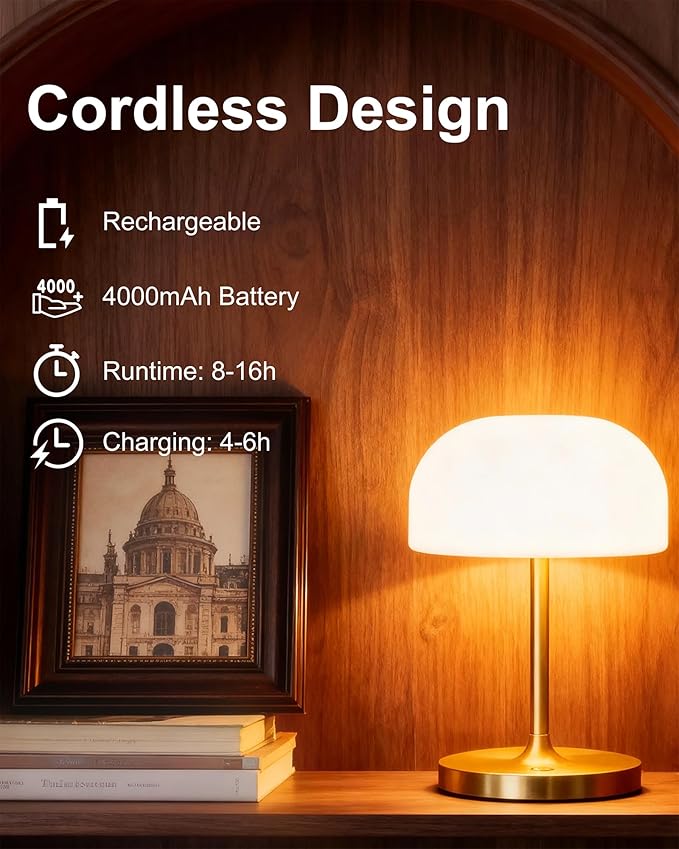 VoMii Mushroom Lamp, 9” Cordless Table Lamp Waterproof Shower Lamps with 4000mAh Battery Rechargeable & 3 Color Temperatures, Dimmable LED Night Light for Bathroom, Bedroom & Home Decor - Brass