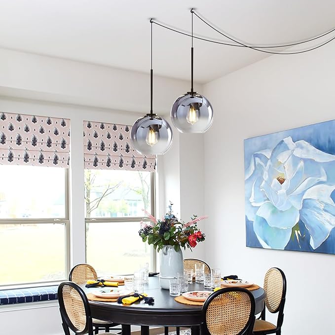 KCO Lighting Plug in Pendant Light Glass Globe Pendant Lights Kitchen Island Black and Silver Plug in Hanging Light Fixture with Cord Mid Century Modern Round Pendant Lighting