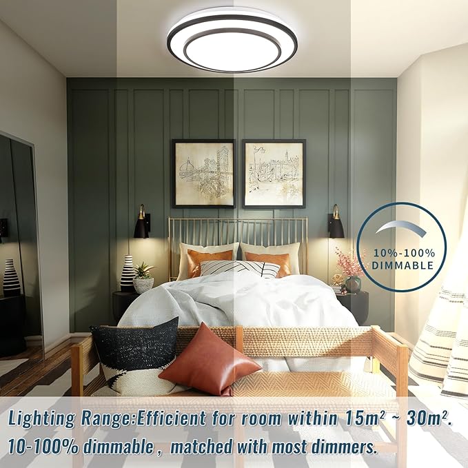 20" LED Flush Mount Ceiling Light Fixture Dimmable, Black Fixture Ceiling Mount 36W,Modern Close to Ceiling Light 5CCT for Living Room,Kitchen,Bedroom
