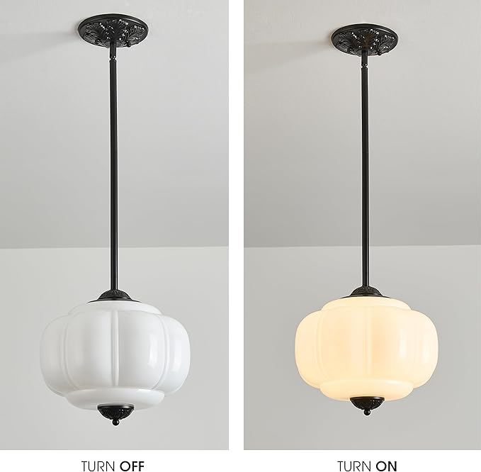 Milk Glass Ceiling Light Fixture, 12" Vintage Scallop Semi Flush Mount Pendant Light, Schoolhouse Light Fixture - Antique Chandelier for Kitchen, Hallway, Dining Room, White/Black