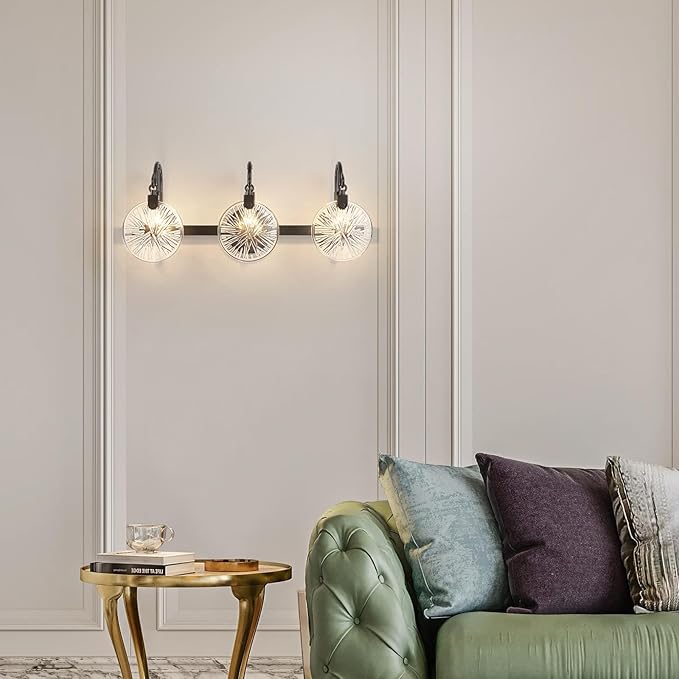 WUZUPS 3-Light Bathroom Light Fixture Over Mirror Morden Vanity Wall Sconces Clear Glass Shade for Bedroom Living Room, E12 Base, Black