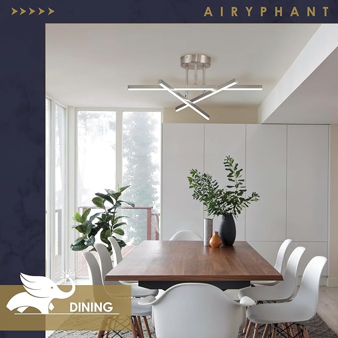 Modern LED Chandelier 24W Dimmable Nickel Semi Flush Mount Ceiling Light Fixture for Kitchen Dining Room Foyer Entry, 23.82"