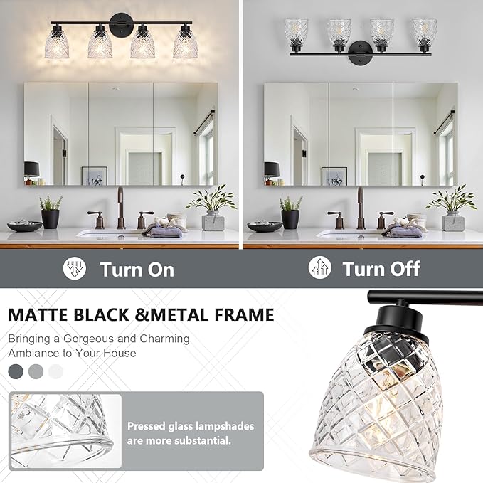 4-Light Bathroom Light Fixtures, Modern Black Vanity Light Over Mirror, Wall Sconce with Clear Hammered Glass Shades, E26 Base (Bulbs Not Included)