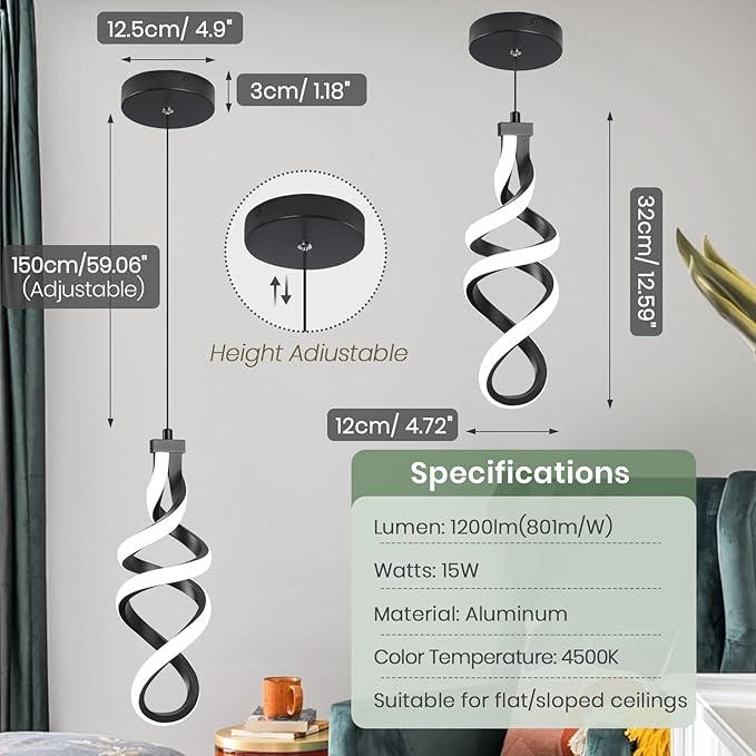Modern Led Pendant Light Fixture, 15W Black Spiral Led Chandelier Hanging Lamp, 4500K Daylight White Pendant Lamp, Adjustable Height Pendant Light for Kitchen Dining Room Bedroom Kitchen Island Cafe