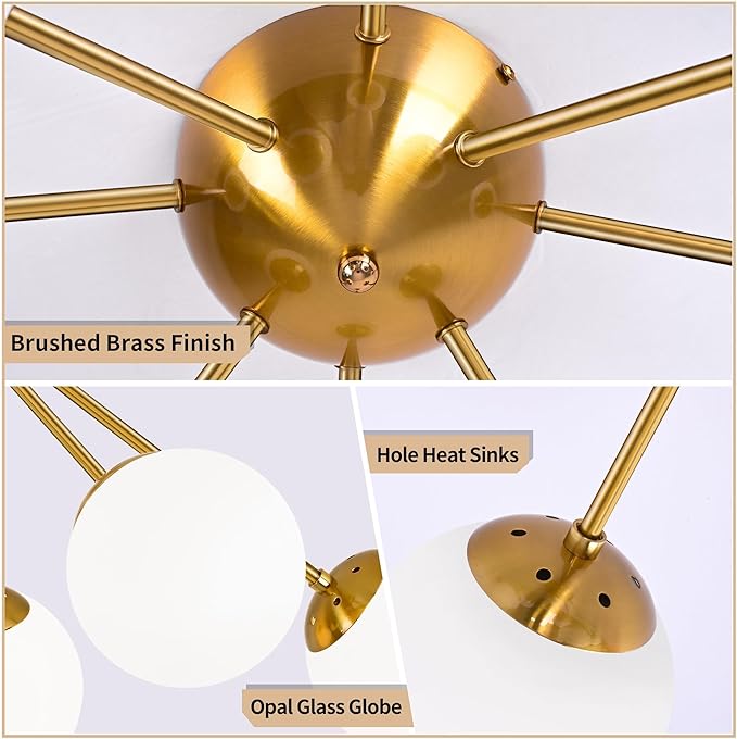 8 Light Mid Century Modern Ceiling Light Semi Flush Mount Ceiling Light Fixture Globe Lights Sputnik Chandelier with Milk Glass Shade Brushed Brass Finish for Bedroom Hallway Living Room