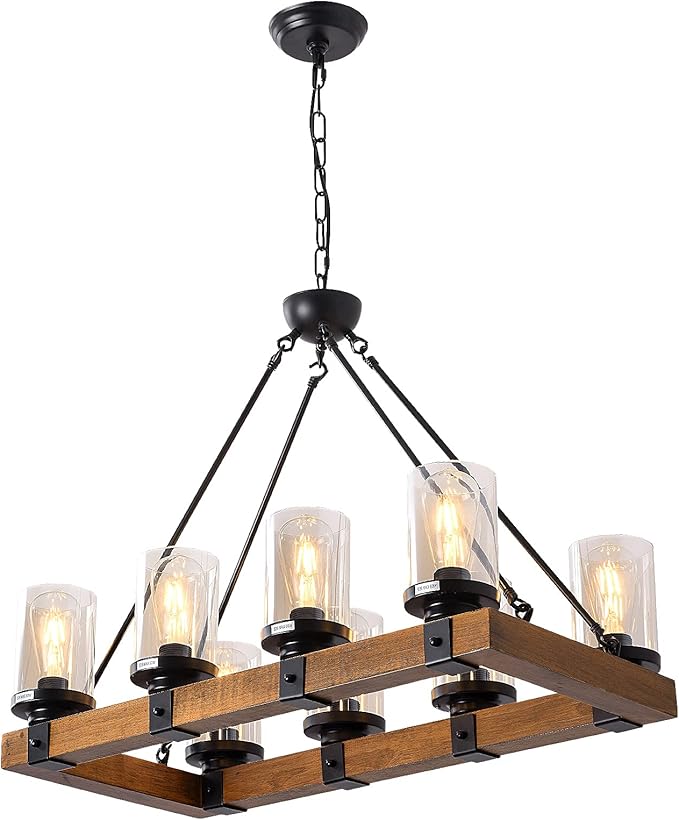 Wooden Vintage Farmhouse Pendant Light Fixture Rectangular Ceiling Light Glass Shade Fixture for Kitchen Dining Room Living Room Balcony Hallway
