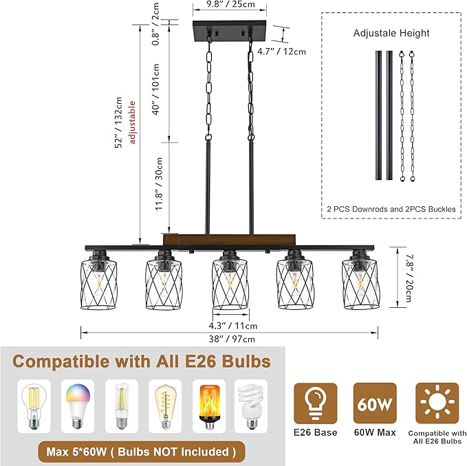5-Light Dining Room Light Fixture/Chandelier Over Table, Island Lighting Hanging for Farmhouse Linear Chandeliers Matte Black Rustic Wood Ceiling Pendant Light Fixtures, with Clear Glass Shade