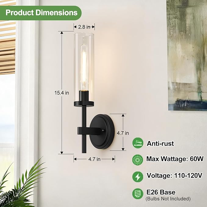 MOKATNG Wall Sconces Set of Two, Matte Black Bathroom Sconces with Clear Glass, Hardwired Sconces Wall Decor Set of 2, Modern Wall Light Fixtures for Bathroom Mirror Living Room Bedroom Hallway
