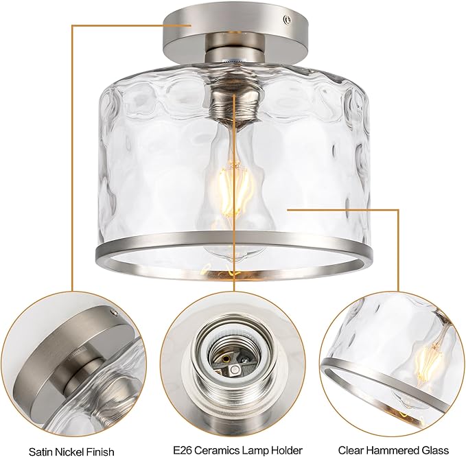 Zlepmlla Modern Semi Flush Mount Ceiling Light with Industrial Clear Hammered Glass Lampshade, Farmhouse Ceiling Lights fixtures in Satin Nickel for Hallway Kitchen Bathroom Bedroom