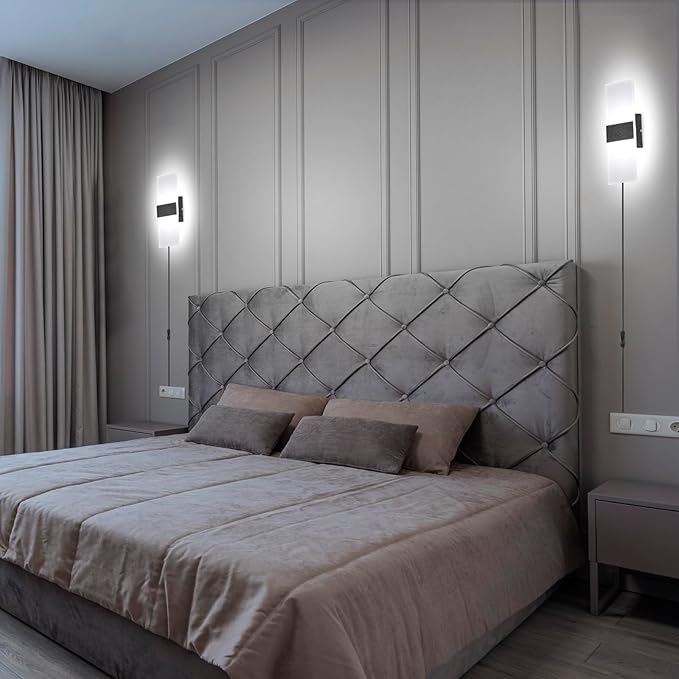 TRLIFE Modern Wall Sconce, Wall Sconce Plug in 12W LED 6000K Cool White Acrylic Wall Mounted Light Wall Lights with 6FT Plug in Cord and On/Off Switch on The Cord(1 Pack, Black)
