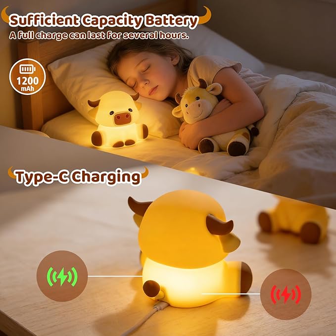 Cute Highland Cow Night Light, LED Touch Silicone Lamp for Bedroom with 7 Colors Timer and Dimmable Squishy Rechargeable Warm Light Night Lights, Animal Lamp for Bedroom Decor Birthday Gift