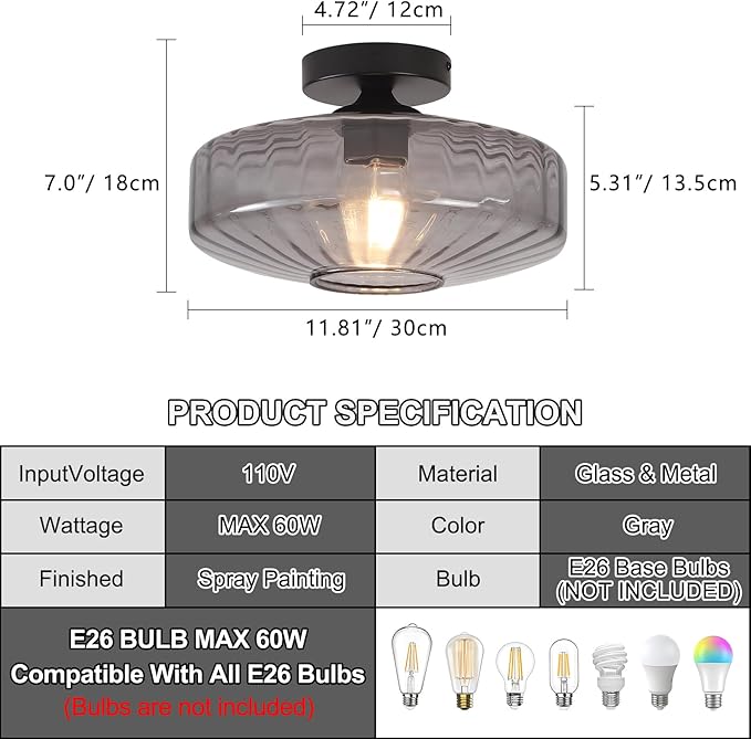 Glass Ceiling Light, 11.8" Vintage Mid Century Ceiling Lights Fixtures, 1-Light Glass Modern Mini Chandelier for Bedroom Kitchen Entryway Hallway Porch Foyer