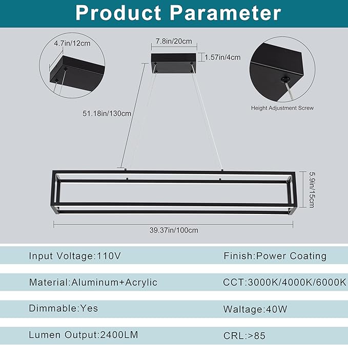 Modern LED Chandelier Linear Rectangle Chandelier Dimmable 39" Kitchen Island Lighting,Black Contemporary Hanging Linear Led Pendant Light Fixture for Kitchen, Dining Room