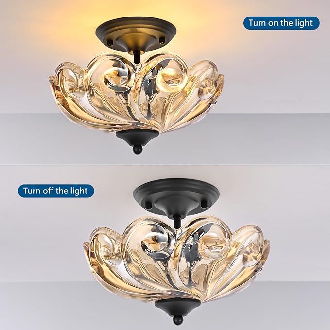HuixuTe Modern Semi Flush Mount Ceiling Light, 3-Light Black Close to Ceiling Light Fixture with Amber Glass Shade for Bedroom Living Room Entryway