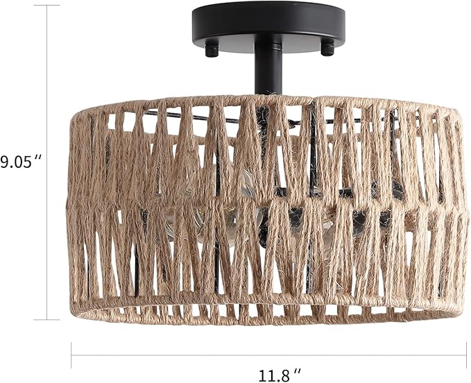 2-Light Coastal Woven Flush Mount Light Fixture Rustic Industrial Hemp Rope Semi Flush Mount Ceiling Light for Hallway Bedroom Kitchen Entryway Farmhouse, Black