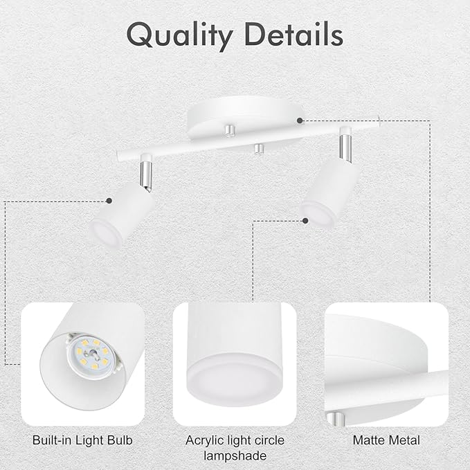 AUQUEE 2 Light Track Lighting Fixtures Ceiling, 8W/2700K White Track Lighting with Acrylic Lampshade & Rotatable Light Heads, 20000hrs Lifespan, Modern LED Track Lights Ceiling for Kitchen/Hallyway