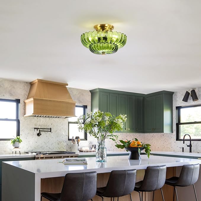 Semi Flush Mount Ceiling Light Fixture Vinatge Gold Ceiling Lights Mid Century Modern Green Glass Close to Ceiling Lighting Fixtures for Bedroom Hallway Foyer Bathroom Kitchen Laundry Room Nursery