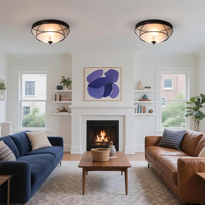 12" Black Classic Dome Flush Mount Ceiling Lights Set of 2, Frosted Glass 2-Light Bronze Lighting Fixtures, Farmhouse Rustic Ceiling Lamps for Living Room Kitchen Bedroom Hallway Staircase