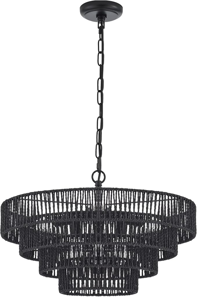20” Hand-Woven Rattan Chandelier 6-Lights Transitional Minimalist 4 Round Boho Large Pendant Light for Kitchen Island Dining Room Living Room Hallway, Matte Black, UL Listed