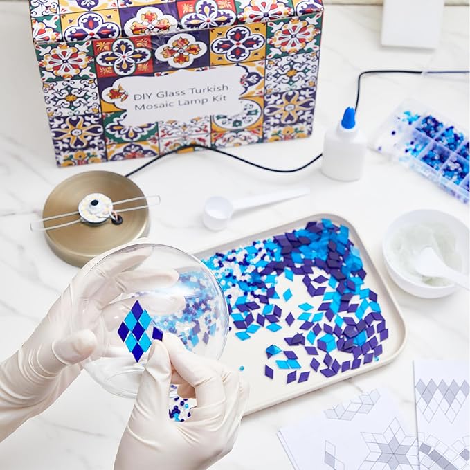 Baquler Turkish Mosaic Lamp Kit DIY Stained Glass Decorative Table Bedside Night Light Tabletop Bohemian Moroccan Lamp Craft Kit for Living Room Decorations (Blue)